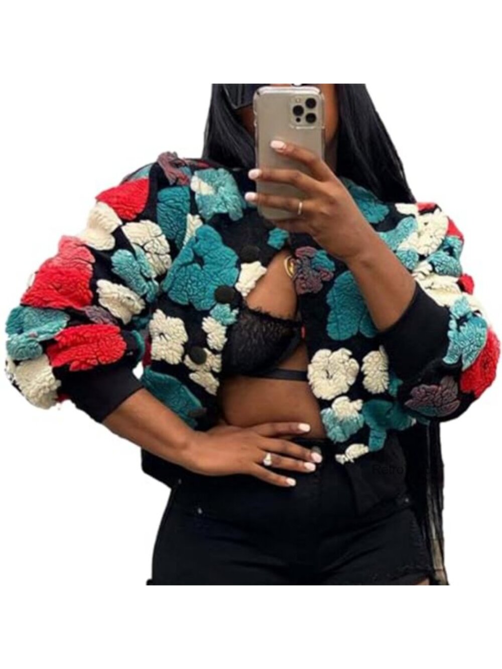 Cropped Sherpa Bomber Jacket Floral Print Coat
